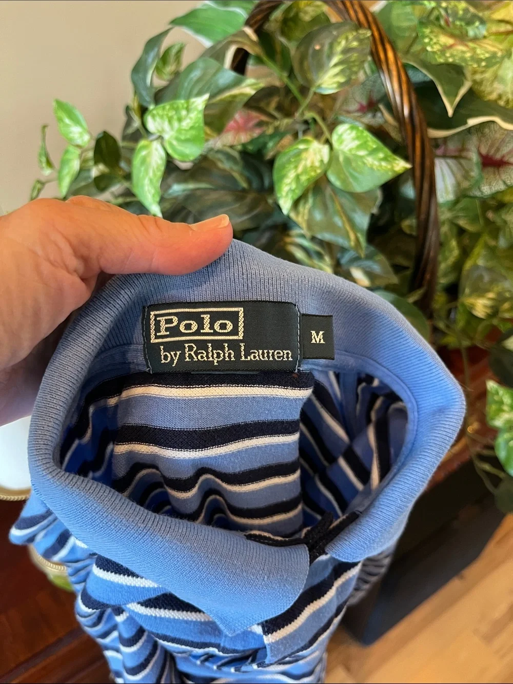 Ralph Lauren Blue with Black and White Striped Polo with Yellow Pony